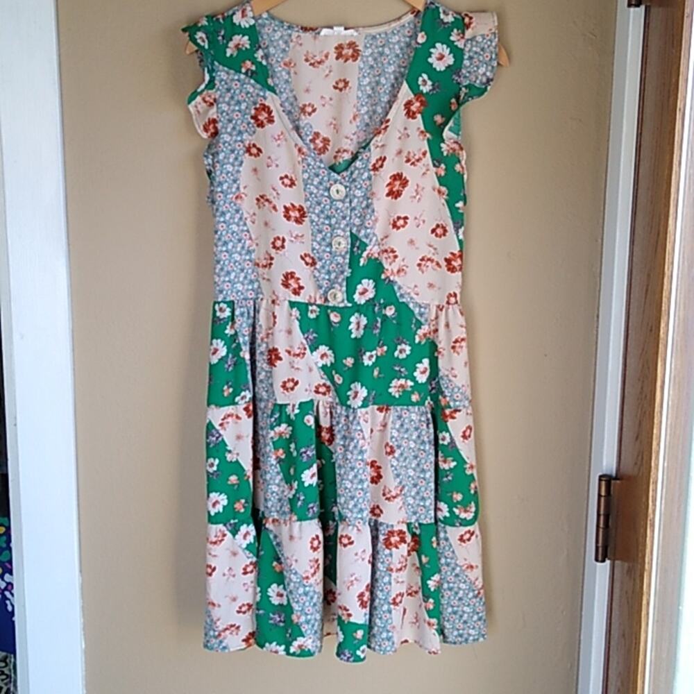 Day to day blue pepper patchwork peplum Sleeve midi boho dress size L